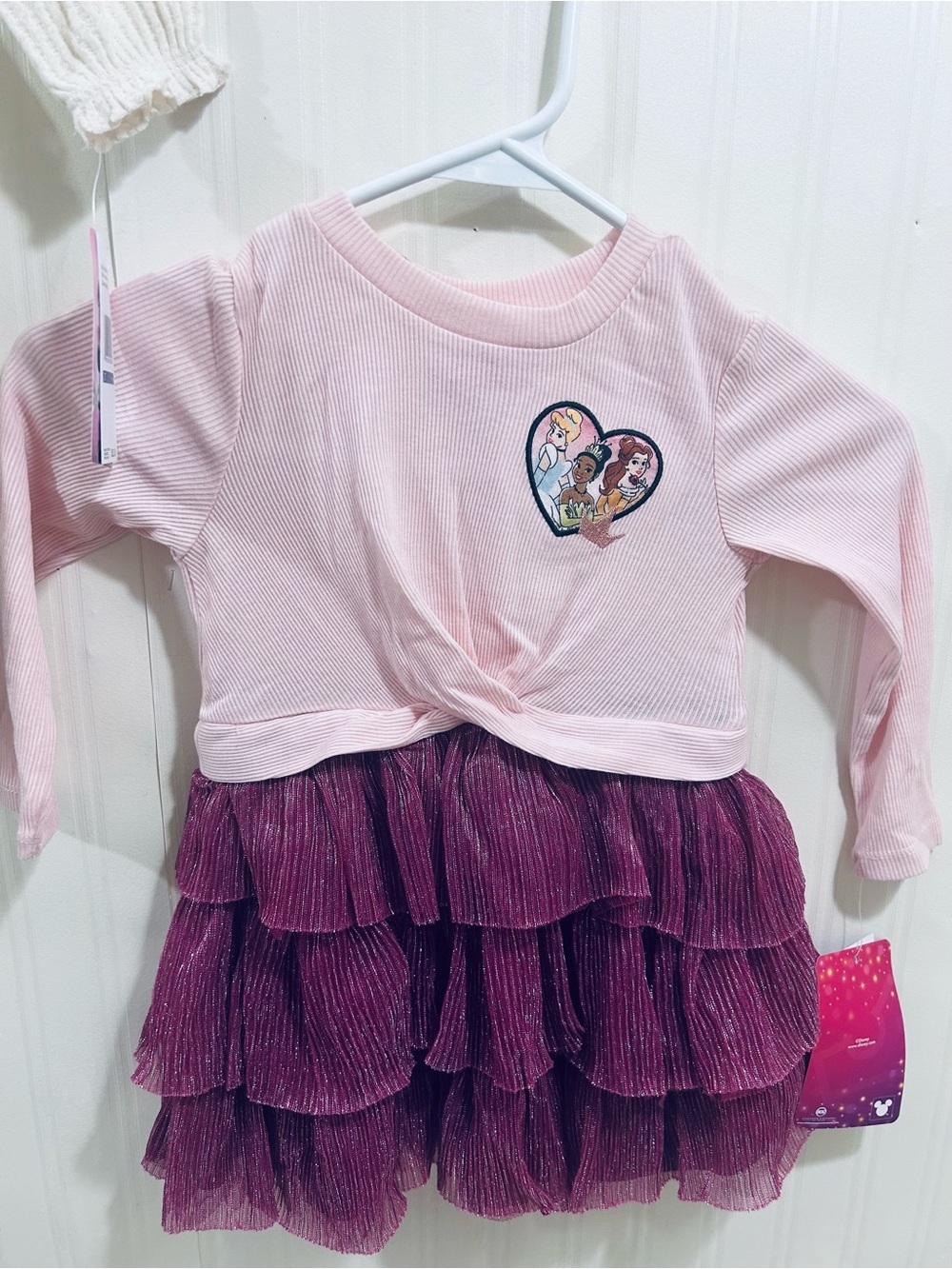 Girls Pink Knit Top with Purple Tiered Skirt Dress